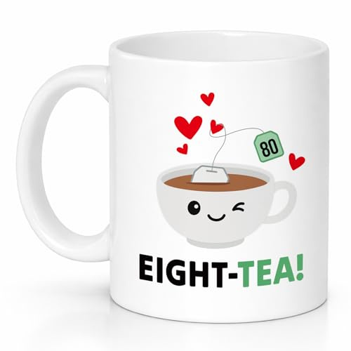 Custom Moments Eight-Tea Mug 80th Birthday Gifts for Women, Her, Friend, Mum, Wife, Funny Cute Tea Lover Cup, Smiley Heart Design, Ceramic Coffee Mug
