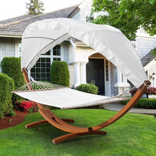 Monucep Hängematte mit Gestell Holz, mit Sonnendach,bis 200kg,Stabhängematte für 2 Personen,Wetterbeständig,inkl.Montagematerial，Hängematte Gestell für Balkon,Terrasse und Garten