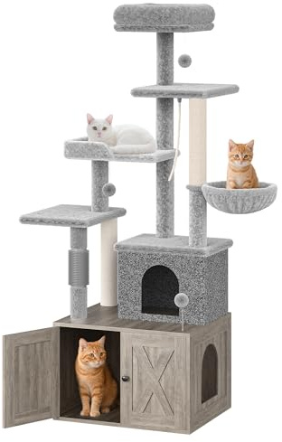 Cat Tree with Litter Box Enclosure, 2-in-1 Modern Cat Tower Furniture with Hidden Washroom, Scratching Posts, Hammock & Perch Platform, All-in-One Cat Condo for Indoor Cats, Grey