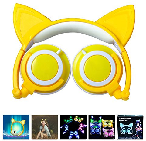FHEDE Kids Headphones with Cat Ear, USB Rechargeable Wired Foldable Headphones On Ear for Children, Girls, Adult, Compatible for IOS iPad and Android Phone (Yellow)