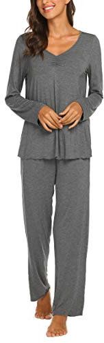MAXMODA Pigiama Donna Invernale Lungo Pigiami Due Pezzi Maniche Lunghe Pajama Set, Grigio, S
