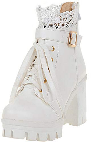 LUXMAX Stivali Donna con Tacco Alto Plateau Stivaletti Tacco Largo Stringate Scarpe Tacchi Alti Ankle Boots (Bianco) - 37 EU