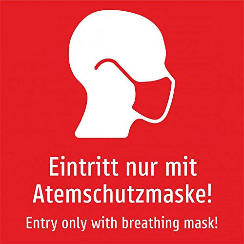 Eintritt nur mit Atemschutzmaske! Deutsch und Englisch (rot) - 200 x 200 mm, Aufkleber