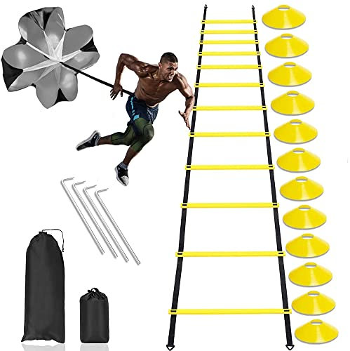 YIERROAD Speed and Agility Training Set, Including 1 Agility Ladder, 4 Steel Piles, 1 Sports Headband, 1 Skipping Rope, 10 disc Cones and Gym Carrying Bag