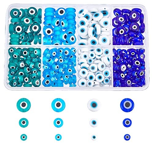 NBEADS 360 pz Perline del Malocchio, 4 Colori Fatti A Mano A Murano Perline Piatte Rotonde in Vetro Malocchio Perline Fili per Bracciali Collana Creazione di Gioielli, 4 Taglia