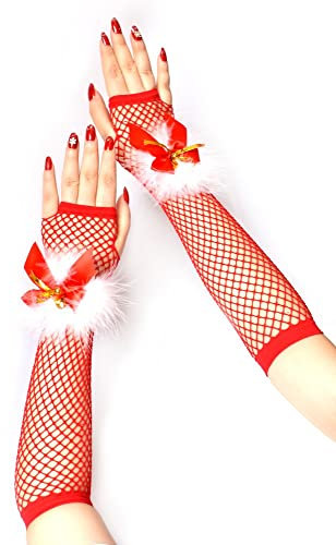 krautwear Damen Halterlose Strümpfe Für Weihnachten XMAS Nikolaus oder Handschuhe Mit Schleife Glöckchen Plüsch (Einheitsgröße)