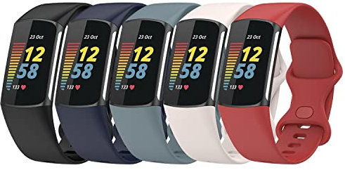 Gheper 5PCS Bands Kompatibel mit Fitbit Charge 6/Charge 5 Straps Ersatz Weiche Silikonarmbänder Armbänder Zubehör für Damen Herren,Kleine/Große Größe