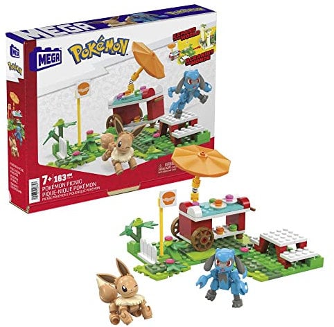 Mega Pokémon Figuren Bauset Picknick Abenteuer, 193 Teile, mit Evoli und Lucario-Figuren und Imbiss-Wagen, Pokémon Spielzeug, Spielzeug ab 7 Jahren, HDL80
