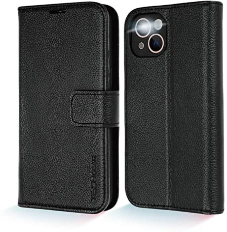 TECHGEAR Wallet Case for iPhone 13 Mini, Genuine Leather Magnetic Flip [RFID Blocking] Case with Shockproof TPU Holder, Card Slots, Stand Folio Cover Compatible with iPhone 13 Mini 5.4 2021, Black