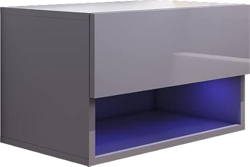 MATKAM Nachttisch AIR hängend, B53xH34,3x39,9cm, Hochglanz-Optik, 1 offene Ablage und 1 Schublade, Korpus matt mit High-Gloss-Fronten (Grau Hochglanz)