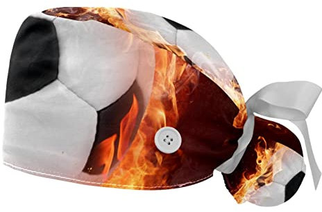 2 Packungen Arbeitskappe mit Knöpfen und Band für Frauen langes Haar, verstellbares Baumwollschweißband Pferdeschwanzhalter Raffhalter Hüte Fußball Feuer, multi, Einheitsgröße