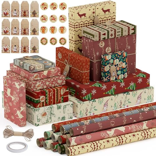 OWill Geschenkpapier Weihnachten 12 Blatt, Weihnachtsgeschenkpapier, Weihnachtspapier Geschenkpapier 50 x 70 cm mit 10m Juteband 12 Etiketten 12 Aufkleber und eine Rolle Klebeband
