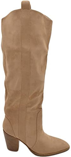 Stivali camperos Donna in camoscio Beige Altezza Ginocchio Lisci con Tacco Legno 7 cm Quadrato Moda Zip (41 EU)