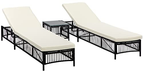 Outsunny Conjunto de 2 Tumbonas de Ratán Tumbonas de Jardín con Mesa de Centro Respaldo Ajustable en 5 Niveles y Cojines 196x54x32 cm Negro