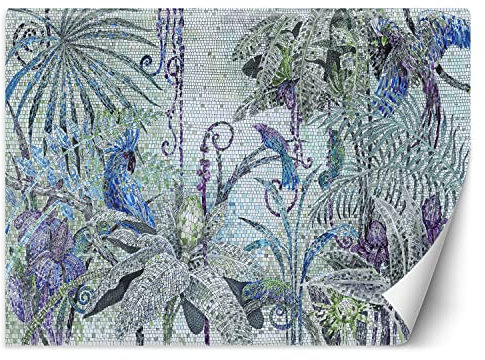 Feeby Papier Peint Intissé Perroquet Jungle Mosaïque 350x245 cm bleu XXL Moderne Décoration Murale Tableaux Muraux Tapisserie Salon Chambre à coucher Palmiers Feuilles Exotique