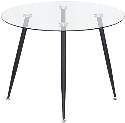 MOG CASA Mesa de Comedor Fija Redonda Corin | 100 x 100 x 75 cm | Ideal para Cocina o Salón | Ideal para 3 a 4 Personas | Tablero de Cristal Transparente | Patas de Metal en Negro