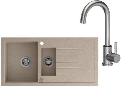 VBChome Spülbecken mit Armatur 100 x 50 cm Einzelbecken Beige Granit Rechteckig Reversibel Einbauspüle Gesprenkelt Großes Tiefes Becken Siphon Armatur