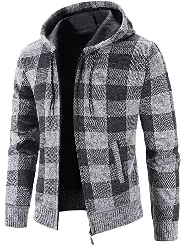 Veste Chauffante Homme à Capuche Casuals Carreaux Zippé Cordon Poches Chaud Tunique Pulls, Gilets et Sweats Homme Sport Mode Vintage Slim Blouson Homme Pas Cher Automne Hiver Gris M