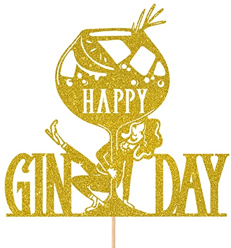 Funny Happy Gin Day Birthday/Hen Do Glitter Topper by Cakeshop | Custom Colour Dancing Gin Lover Alcohol Cake Decoration for Her 18th 19th 20th 21st 30th 40th 50th 60th 70th 80th 90th Gold