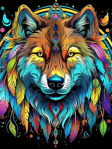 Zariocy 5D Diamond Painting Kits Traumfänger Wolf, DIY Malen mit Diamantkunst Tier Round Full Drill Crystal Diamond Stickerei Gemälde Kunsthandwerk für Home Office Wall Decor 30x40 cm2