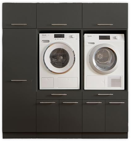LAUNDREEZY 2x Waschmaschinenschrank, Mehrzweckschrank und 3x Schrankaufsatz, Anthrazit - Waschmaschinen-Überbauschrank TÜV-zertifiziert mit viel Stauraum - 185 x 200 x 67,5 cm (B/H/T)