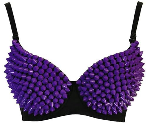 Europäischer und amerikanischer Punk-Bauchtanz-Nieten-Gold-BH, Nachtclub, Bühnenkönigin, handbestickter, sexy, lustiger BH-Lila-S