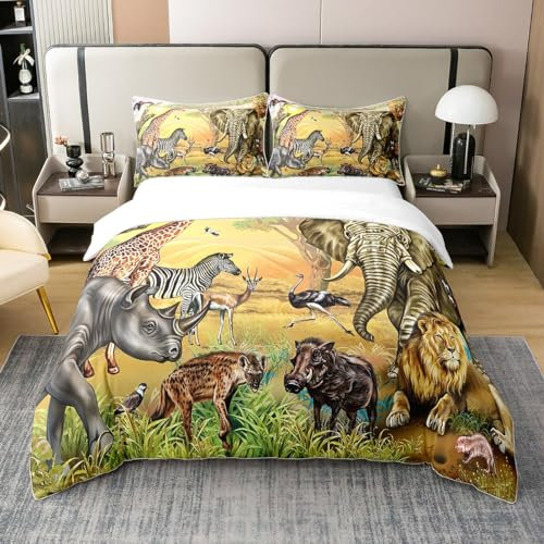 100% Bio-Baumwolle Löwen Bettbezug Kinder Elefant Zebra Giraffe Bettwäsche Set 155x220 Afrikanische Safari Tiere Tröster Abdeckung Leopard Nashorn Wildlife Sonnenuntergang Bett Sets mit 1 Kissenbezug
