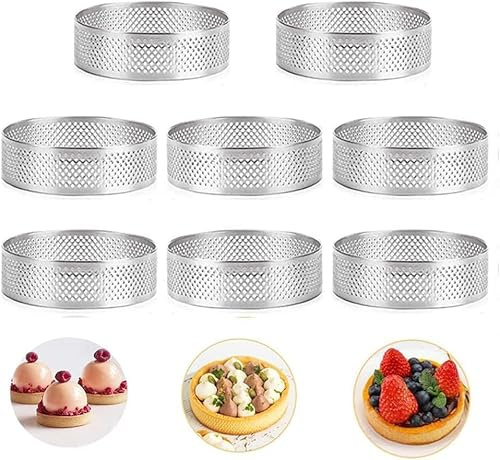 Happysnow 8-Teiliger Rostfreier Stahl Torten Ring, HitzebestäNdiger, Perforierter Kuchen Mousse Ring, Runder, Doppelt Gerollter Torten Ring, Metall Form 10 cm