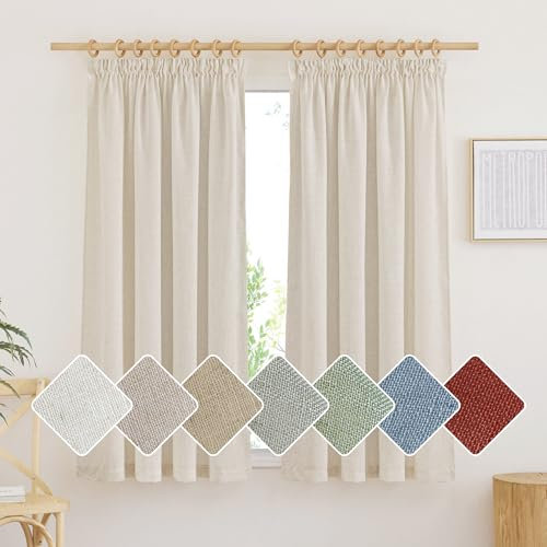 PONY DANCE Küchengardinen Landhausstil Leinenvorhänge Halbtransparent Wohnzimmer Gardinen mit Kräuselband 2er Set H 145 x B 140 cm Boho Vorhang Kurz Fenster Gardinen Leinen Natur