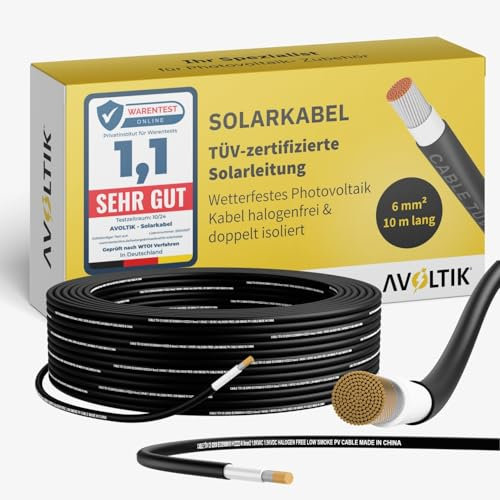 avoltik Solarkabel 6mm2 in 10 m I TÜV-zertifizierte Solarleitung für Photovoltaik 1500V I robustes Solar Verlängerungskabel H1Z2Z2-K I wetterfestes Photovoltaik Kabel halogenfrei doppelt isoliert