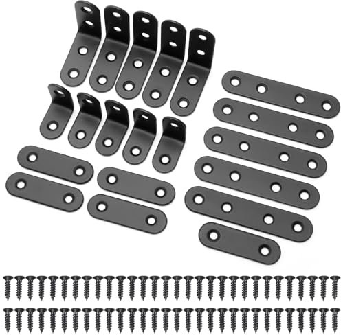 10 Pcs Corner Brackets and 10 Pcs Long Flat Straight Brace Brackets, Stainless Steel Metal Joining Plates with 60 Screws for Wood, Shelves, Furniture, Windows and Cabinets, Black