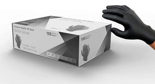 100 Strong HD Disposable Black Nitrile Examination Gloves –Powder Free, latex Free - Medical, Food, Mechanical, Industrial, Hair & Beauty, Cleaning (Strong HD Gloves -Black, XL (Pack of 100))