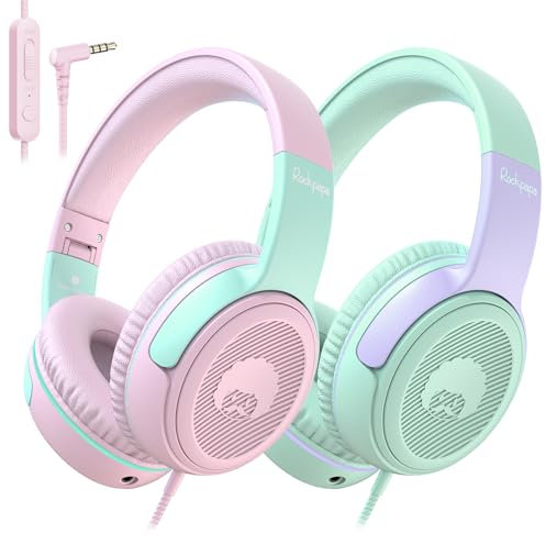 Rockpapa Share1 Kids Headphones Wired with Microphone, 85/94dB Volume Limited, Sharing Function, Foldable, Adjustable, Childrens Headphones Over Ear for School/Travel/Phone, Pink Green + Green Purple