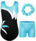 ZNYUNE Mädchen Turnanzug mit hose Haarband Set gymnastikanzug Kinder Shorts trikot turnen Ärmellos/Langarm Kleidung klassisch Turnbody B208 BlackAqua 14A