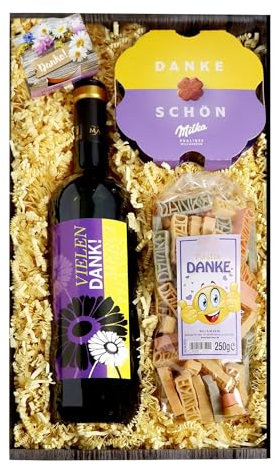 Bull & Bear Wein Geschenkset `Danke´ Rotwein, Danke-Nudeln & Feinste Schokolade