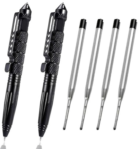 ElevaPulse 2 Stück Multitool Tactical Pen mit 4 Tinten Nachfüllpackungen, Taktischer Stift, Taktischer Kugelschreiber, Survival Gadget, für Schreiben, Emergent Tool Und Geschenk Schwarz