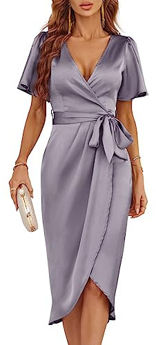 Newshows Summer Dress Donna Abito da Spiaggia al Ginocchio Abiti Estivi Abito Elegante Corto da Festa con Tasche Viola Chiaro