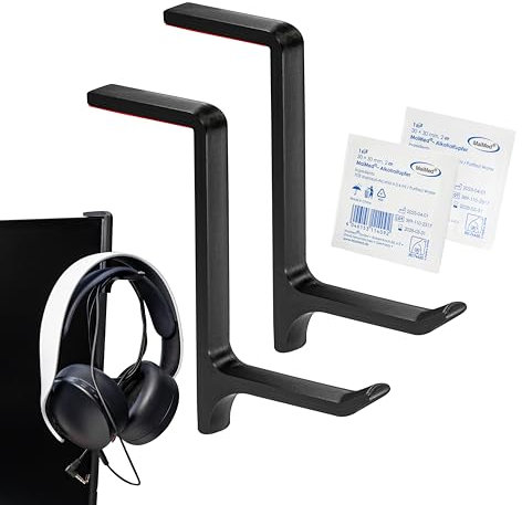 STEKIS - Gaming Headset Halterung für Monitor - 2X Headsethalter Haken schwarz mit Reinigungstuch schmal - Kopfhörer-Halterung Bildschirm