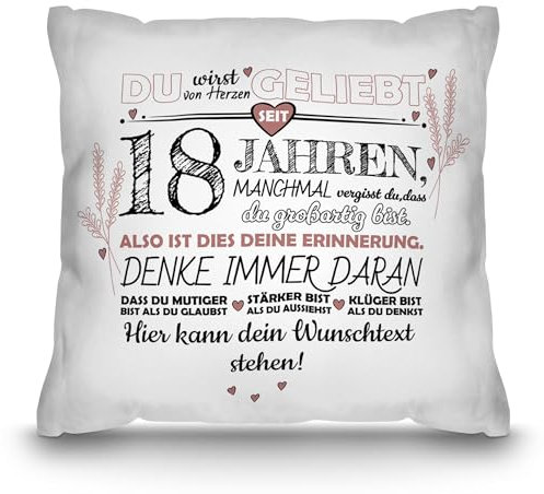 PR Print Royal 18. Geburtstags-Kissen selbst gestalten - Du wirst geliebt - mit Name oder Text Personalisieren, Geschenk für Beste Freundin, Schwester, Tochter | 40 x 40 cm, Polyester glatt