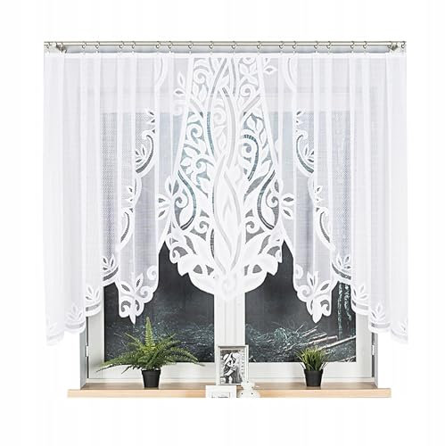 Gardinen Vorhangen Weiß 250x130 cm (BxH) Pola Kurz Jacquard Gardinen mit Kräuselband Scheibengardine Wohnzimmer Vorhänge Florales Motiv Küchengardinen Stores Gardinenschals Kurzstores