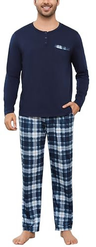 Irdcomps Schlafanzug Herren Lang Pyjama Baumwolle Zweiteilige Nachtwäsche Set Männer Winter Rundhals mit Brusttasche Navyblau L