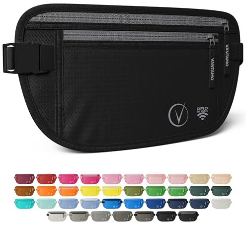Vantamo Marsupio Uomo & Donna Ultrapiatto con protezione RFID, Marsupio Antiscippo con Cintura Regolabile, Ideale per Corsa e Escursioni e Viaggi, Leggero Cintura Portasoldi Sicuro