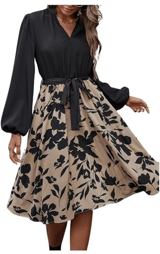SweatyRocks Damen Blusenkleid Langarm Mit Gürtel Elegant A-Linien Midi Kleid Mit Blumen Herbst Khaki M