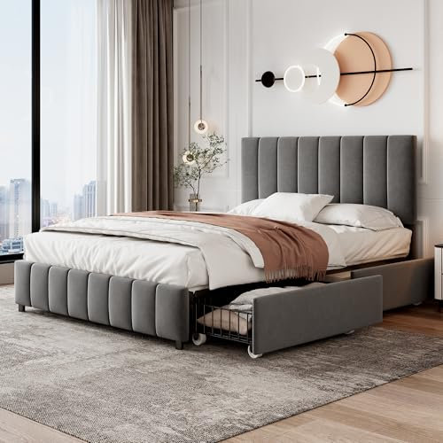 4ft6 Double Bed Frame Upholstered Platform Bed with 4 Storage Drawers&Adjustable Channel Tufted Headboard, Velvet Fabric, Sturdy Metal-Wood Support, No Box Spring Needed, Easy Assembly,Grey Double Bed
