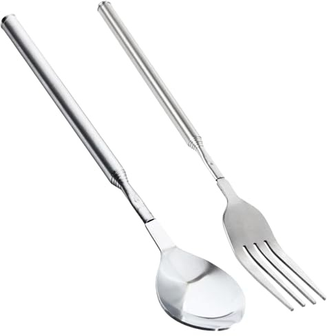 Amazleer Extendable Fork Spoon Set, 2 Pcs Telescopic Stainless Steel Extendable Cutlery, Long BBQ Fork Spoon Set for Fruit, Dinner, Dessert Extendable up to 25.43 in (Fork & Spoon)