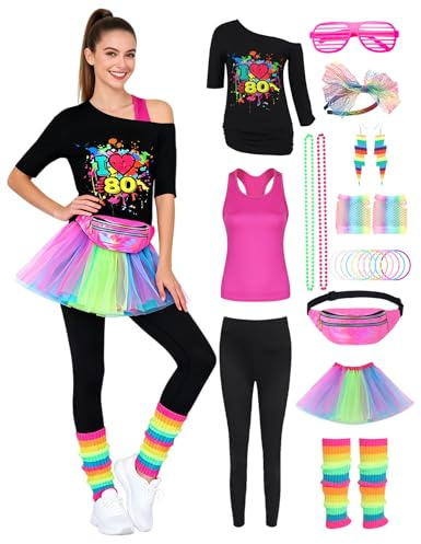 Mrsclaus 80er Jahre Outfit Damen, 90er Faschingkostüm Damen, Aerobic Outfit für Karneval Fastnacht Mottoparty, Tshirt Leggings, Rosa Tank Top, Tüllrock Bauchtasche Beinlinge Netzhandschuhe
