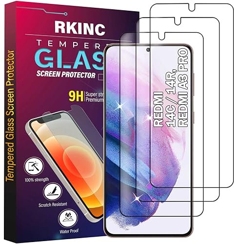 RKINC Protector pantalla [3 Piezas] para Xiaomi Redmi 14C / 14R, Redmi A3 Pro, Cristal templado película de vidrio, 9H 0.33 mm[Anti-rasguño][Anti-rotura][Sin burbujas]