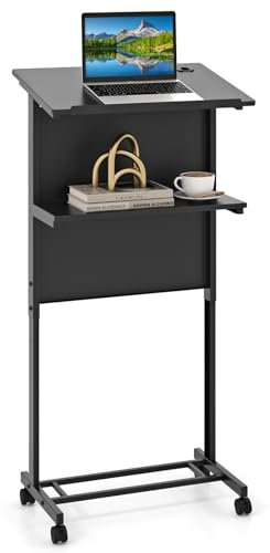 GYMAX Stehpult, Rednerpult mit 4 Rollen, höhenverstellbar Schreibtisch mit stabilem Metallrahmen, Ablagefläche & Kabelloch, Laptoptisch, mobiler Stehtisch für Büro & Zuhause, 60 x 40 cm, Schwarz