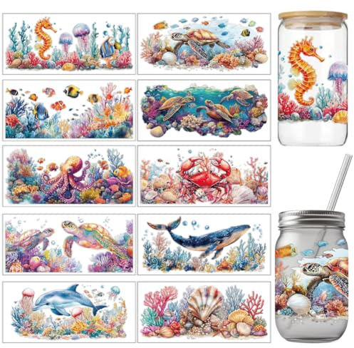 arricraft 10 Stück Sommer Ozean Nautische UV DTF Tasse Transfer Aufkleber | 24x11cm Wasserfest Rub On Sticker Möbelfolie Selbstklebend für DIY Kunsthandwerk Becher, Flaschen, 16oz Glas, Möbel