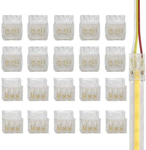 Clearhill 10mm 3Pin 20pcs Transparente Lötlose LED Lichtstreifen Steckverbinder, Streifen zu Draht Steckverbinder, für doppelte Farbe 5V / 12V / 24V LED Streifen, kein Löten erforderlich